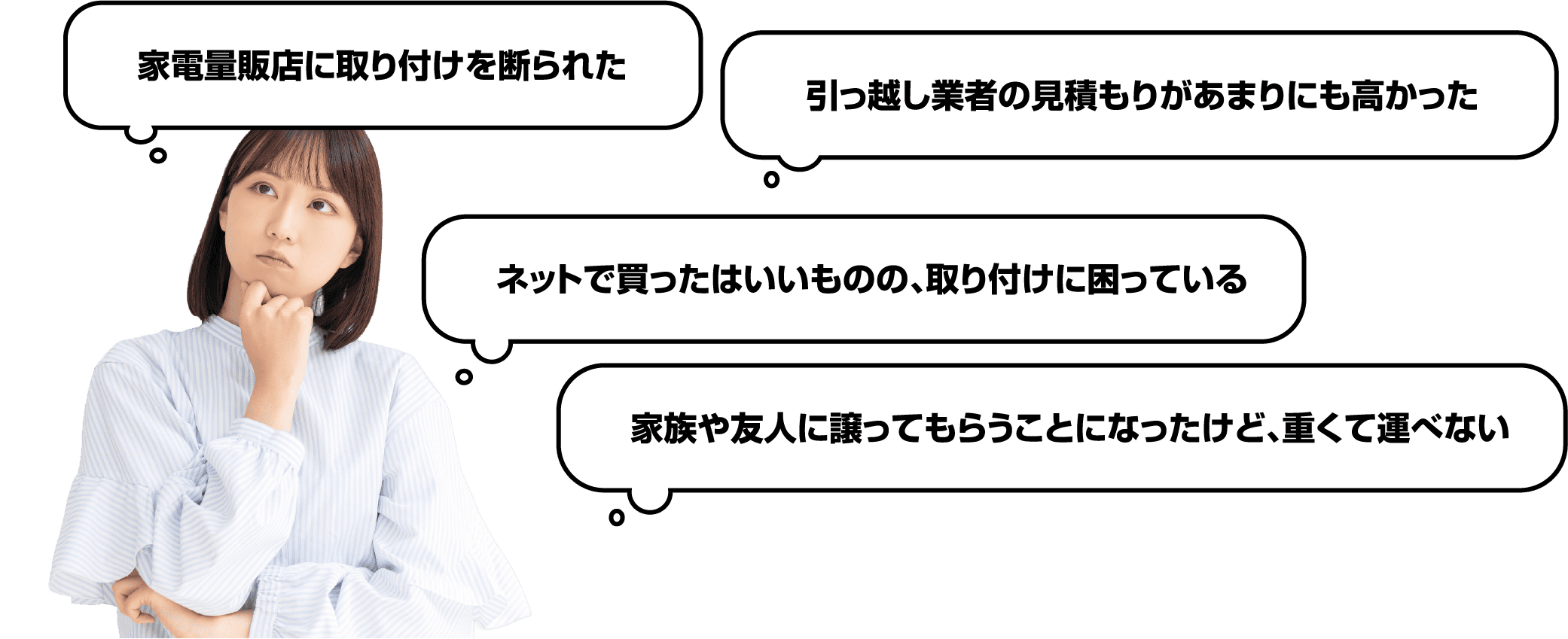 家電量販店に取り付けを断られた。引越し業者の見積もりがあまりにも高かった。ネットで買ったはいいものの、取り付けに困っている。家族や友人に譲ってもらうことになったけど、重くて運べない。